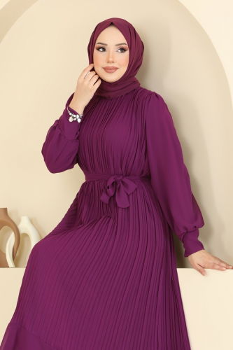 moda selvim Piliseli Şifon Abiye Elbise 2150MP806 Mor - Thumbnail