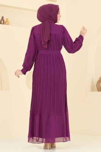 moda selvim Piliseli Şifon Abiye Elbise 2150MP806 Mor - Thumbnail