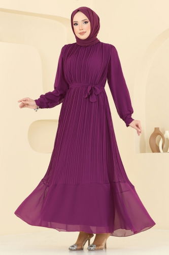 moda selvim Piliseli Şifon Abiye Elbise 2150MP806 Mor - Thumbnail