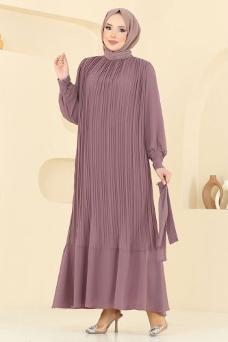 moda selvim Piliseli Şifon Abiye Elbise 2150MP806 Pudra Vizyon - Thumbnail