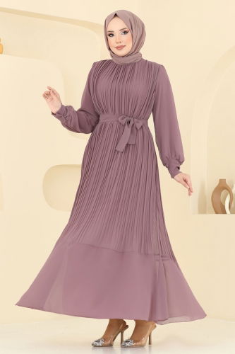moda selvim Piliseli Şifon Abiye Elbise 2150MP806 Pudra Vizyon - Thumbnail