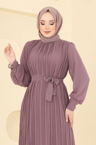 moda selvim Piliseli Şifon Abiye Elbise 2150MP806 Pudra Vizyon - Thumbnail