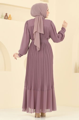 moda selvim Piliseli Şifon Abiye Elbise 2150MP806 Pudra Vizyon - Thumbnail