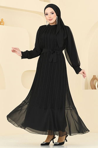 moda selvim Piliseli Şifon Abiye Elbise 2150MP806 Siyah - Thumbnail