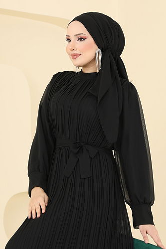 moda selvim Piliseli Şifon Abiye Elbise 2150MP806 Siyah - Thumbnail