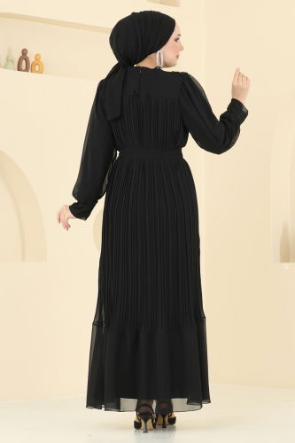 moda selvim Piliseli Şifon Abiye Elbise 2150MP806 Siyah - Thumbnail