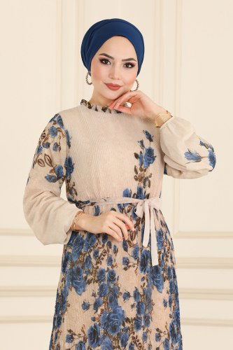 moda selvim Piliseli Şifon Elbise 2259ANT317 İndigo - Thumbnail