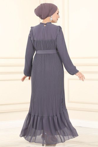 moda selvim Piliseli Şifon Elbise 5092AL357 Lila - Thumbnail