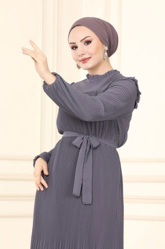 moda selvim Piliseli Şifon Elbise 5092AL357 Lila - Thumbnail