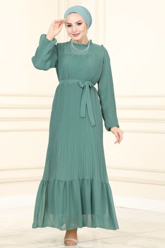 moda selvim Piliseli Şifon Elbise 5092AL357 Mint - Thumbnail