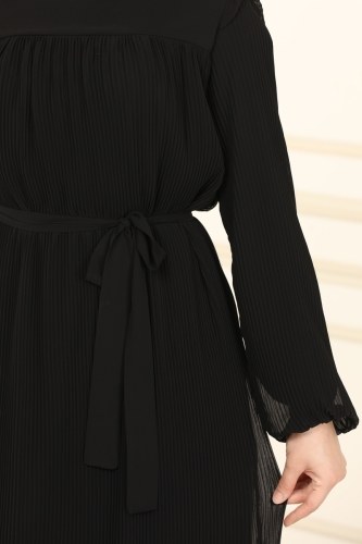moda selvim Piliseli Şifon Elbise 5092AL357 Siyah - Thumbnail