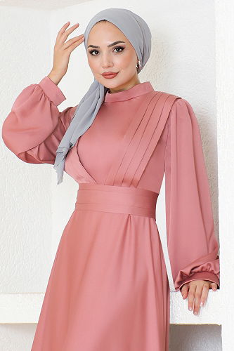 moda selvim Piliseli Tesettür Elbise END5508-M Gül Kurusu - Thumbnail