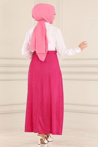 moda selvim Piliseli Tesettür Etek 3004ADK807 Fuşya - Thumbnail