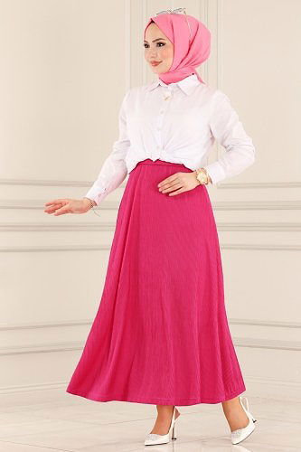 moda selvim Piliseli Tesettür Etek 3004ADK807 Fuşya - Thumbnail