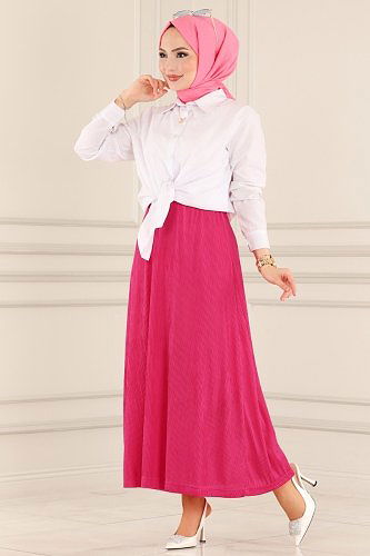 moda selvim Piliseli Tesettür Etek 3004ADK807 Fuşya - Thumbnail