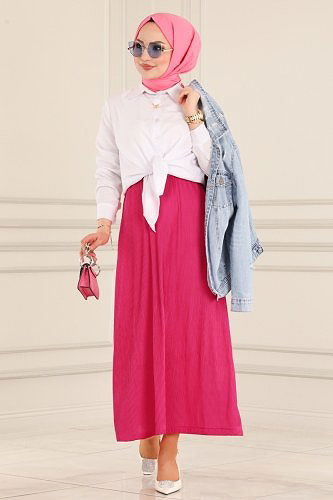 moda selvim Piliseli Tesettür Etek 3004ADK807 Fuşya - Thumbnail