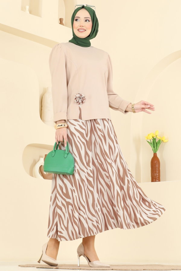 Modaselvim Kombin Piliseli Zebra Desenli Takım 5645ZNNK1102 Bej