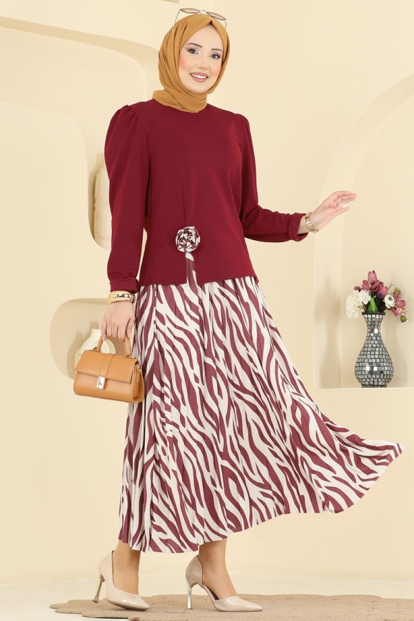 Modaselvim Kombin Piliseli Zebra Desenli Takım 5645ZNNK1102 Bordo