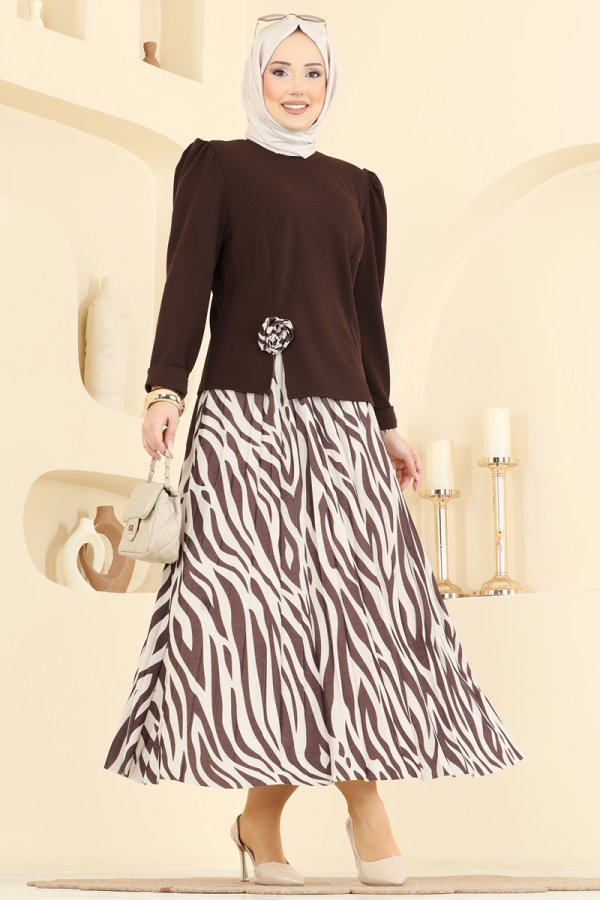 Modaselvim Kombin Piliseli Zebra Desenli Takım 5645ZNNK1102 Kahve
