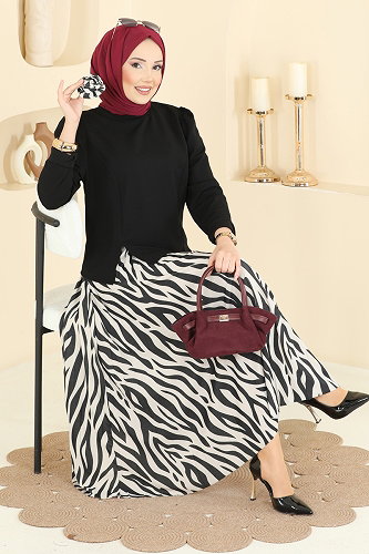moda selvim Piliseli Zebra Desenli Takım 5645ZNNK1102 Siyah - Thumbnail