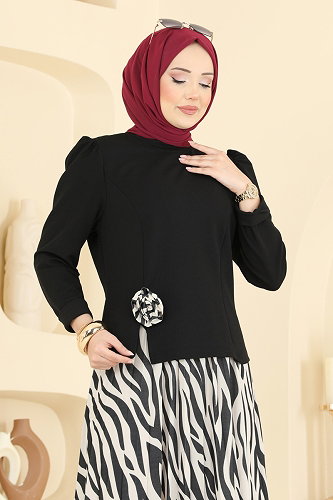moda selvim Piliseli Zebra Desenli Takım 5645ZNNK1102 Siyah - Thumbnail