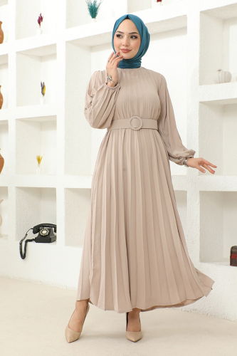 moda selvim Pleated Belted Dress HBS9897 Beige - Thumbnail