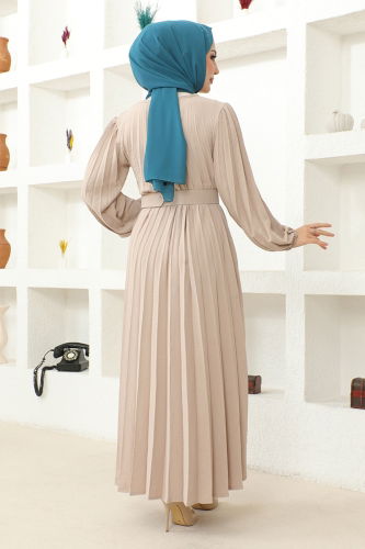 moda selvim Pleated Belted Dress HBS9897 Beige - Thumbnail