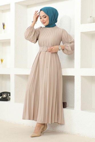 moda selvim Pleated Belted Dress HBS9897 Beige - Thumbnail