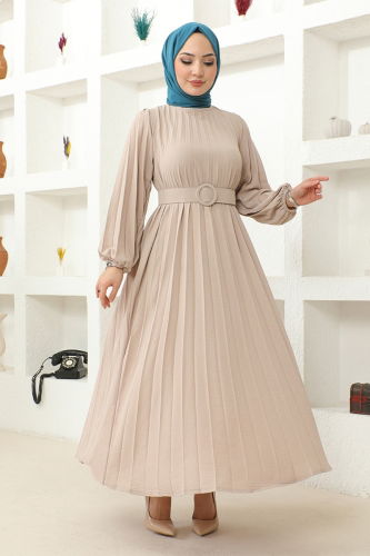 moda selvim Pleated Belted Dress HBS9897 Beige - Thumbnail