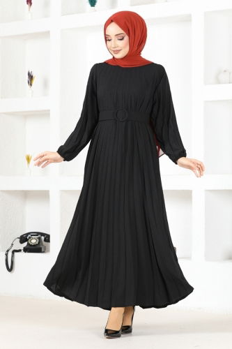 moda selvim Pleated Belted Dress HBS9897 Black - Thumbnail