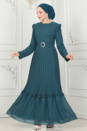 moda selvim Pleated Chiffon Evening Dress 5613EDF311 Petrol - Thumbnail