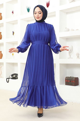 moda selvim Pleated Chiffon Evening Dress END5505-M Indigo - Thumbnail