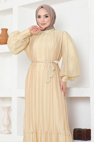 moda selvim Pleated Chiffon Evening Dress END5505-M Vision - Thumbnail