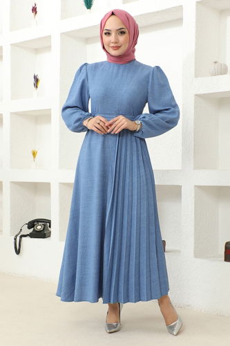 moda selvim Pleated Linen Dress HBS4011 Blue - Thumbnail