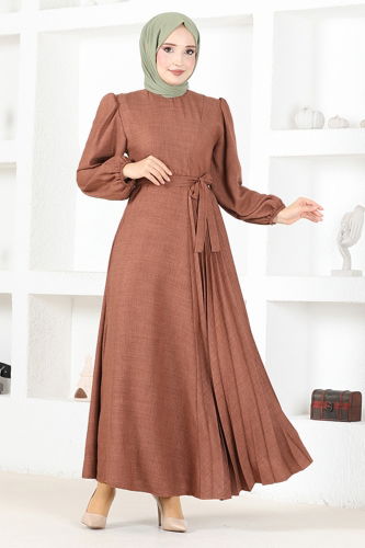 moda selvim Pleated Linen Dress HBS4011 Brown - Thumbnail