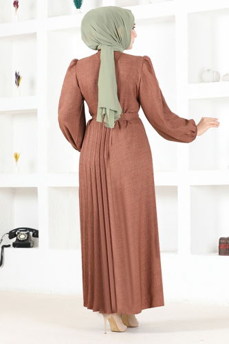 moda selvim Pleated Linen Dress HBS4011 Brown - Thumbnail