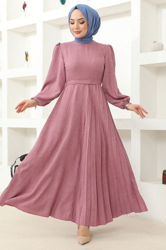 moda selvim Pleated Linen Dress HBS4011 Rose Dry - Thumbnail