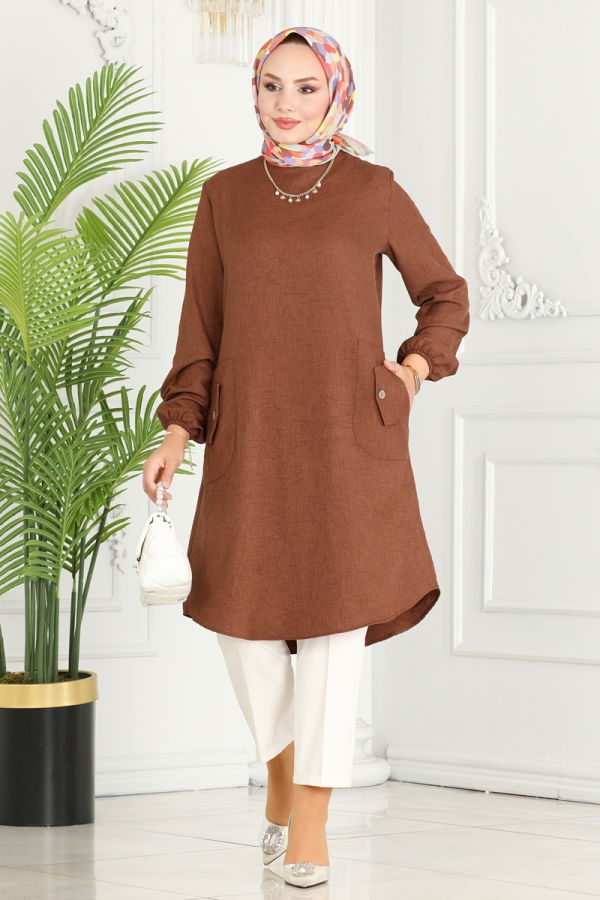 Modaselvim BIG SEASON DISCOUNT Pocket Detailed Linen Tunic 3009KTR750 Brown