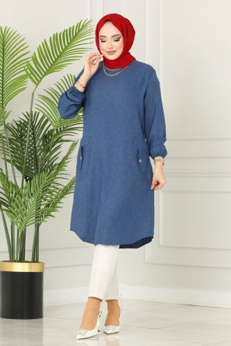 moda selvim Pocket Detailed Linen Tunic 3009KTR750 Dark Indigo - Thumbnail