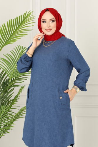 moda selvim Pocket Detailed Linen Tunic 3009KTR750 Dark Indigo - Thumbnail