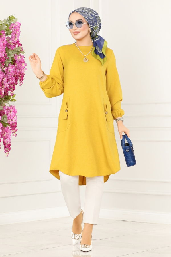 Modaselvim BIG SEASON DISCOUNT Pocket Detailed Linen Tunic 3009KTR750 Mustard