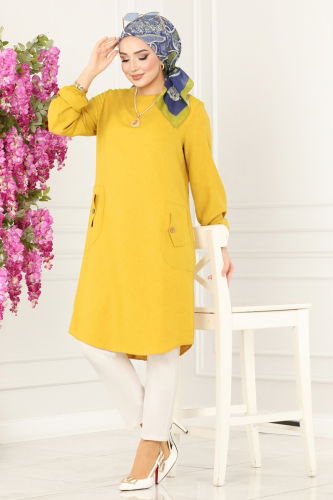 moda selvim Pocket Detailed Linen Tunic 3009KTR750 Mustard - Thumbnail