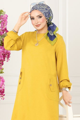 moda selvim Pocket Detailed Linen Tunic 3009KTR750 Mustard - Thumbnail