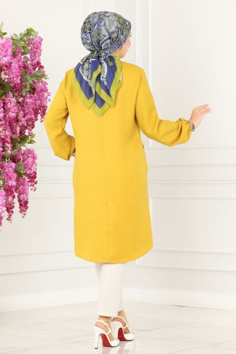 moda selvim Pocket Detailed Linen Tunic 3009KTR750 Mustard - Thumbnail