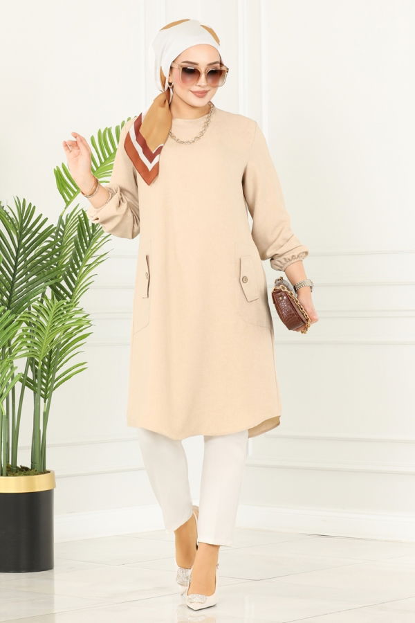 Modaselvim BIG SEASON DISCOUNT Pocket Detailed Linen Tunic 3009KTR750 Stone