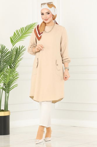 moda selvim Pocket Detailed Linen Tunic 3009KTR750 Stone - Thumbnail