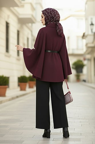 moda selvim Poncho 21190MPR1163 Burgundy - Thumbnail