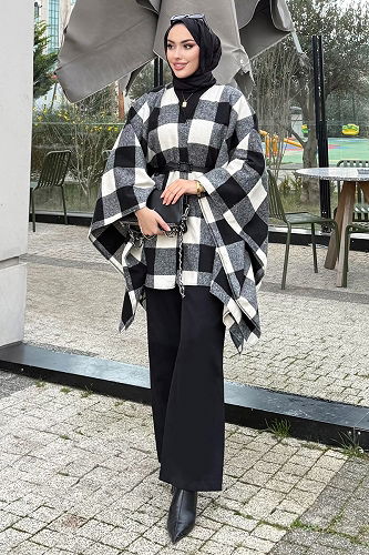 moda selvim Poncho 4701ALGK1170 Ecru & Black - Thumbnail