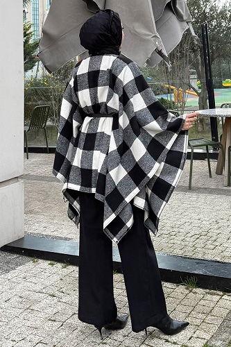moda selvim Poncho 4701ALGK1170 Ecru & Black - Thumbnail