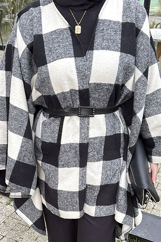 moda selvim Poncho 4701ALGK1170 Ecru & Black - Thumbnail